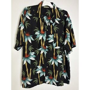 Sun Casuals Mens XL Hawaiian Shirt Black Bamboo Floral Tropical Camp Button Up